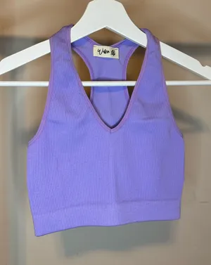 Seamed V-Neck Ribbed Crop Tank - Lavender thumbnail 1
