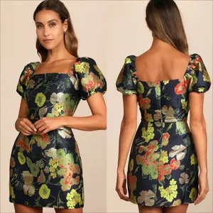 Lulus So Stunning Navy Blue Floral Jacquard Puff Sleeve Mini Dress Size Small thumbnail 7