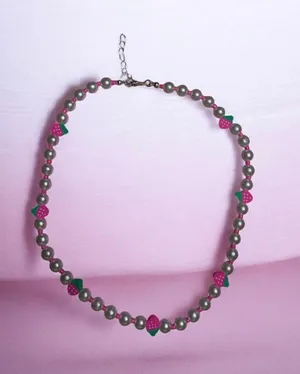 Strawberry with White Pearls Necklace Pink thumbnail 1