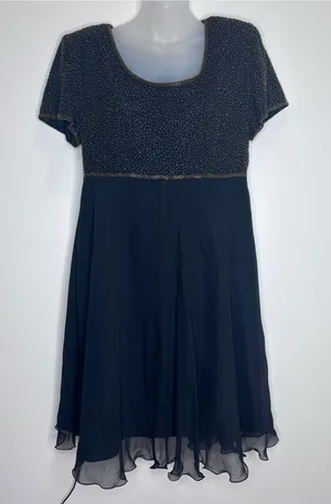 Papell Boutique 100% silk black Beaded Short Sleeve Chiffon Cocktail Dress 14 thumbnail 1