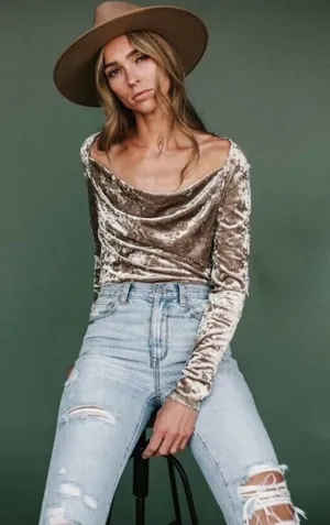 Free People Velvet Long-Sleeve Drape Neck Top - Taupe size Small thumbnail 1