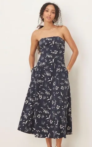 Abercrombie & Fitch strapless flare midi dress in blue floral thumbnail 1