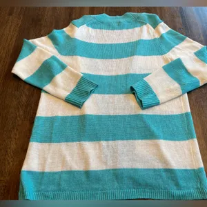 Talbots Linen Open Front Stripe Cardigan Teal/White Classic- MP (medium petite) thumbnail 2
