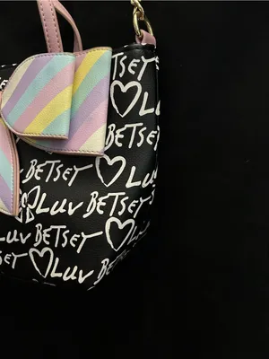 Betsey Johnson Graffiti Print Black Shoulder Bag With Pastel Striped Bow thumbnail 2