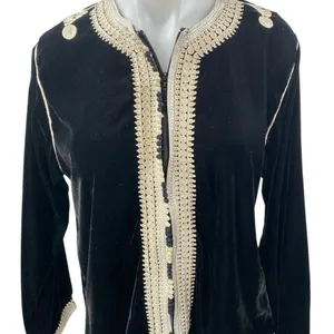Women's Black Velvet Velour Moroccan Long Sleeve Embroidered Zip Up Blouse Top M thumbnail 3