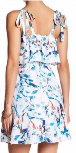 Parker L Nia Dress Blue Multi Flower Pattern Ruffled Front Mini Dress thumbnail 1