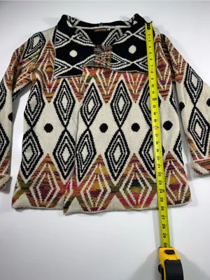 Open-Front Geometric Cardigan in Cream and Black with Rust Accents thumbnail 3