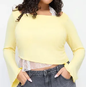 Cider Pale Yellow Long Sleeve Lace-Trim Crop Top thumbnail 1
