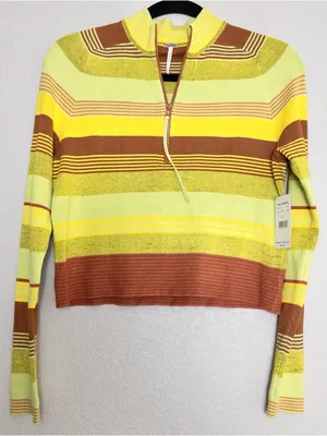 NWT Free People Rip Tide Zip Mockneck Top M Green Stripe Cropped Knit Sweater thumbnail 3