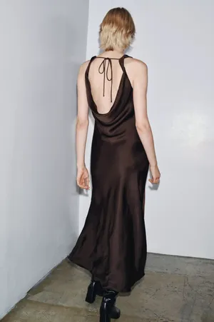 Zara Elegant Brown Sleeveless maxi stin effect Dress holiday party cocktail thumbnail 7
