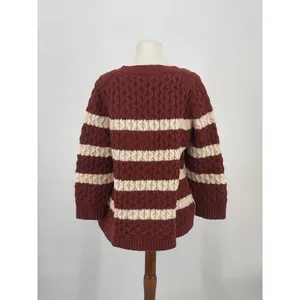 J.Crew Merino Wool Chunky Knit Stripe Sweater Chocolate Brown‎ Cream Size L thumbnail 2