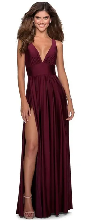 La Femme Women's Size 8 Red Plunge Neck A-Line Gown Sleeveless Maxi Slit NWOT thumbnail 1