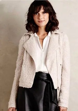 Anthropologie Elevenses Boucle Moto Jacket Textured‎ Ivory Cream Size Medium thumbnail 1