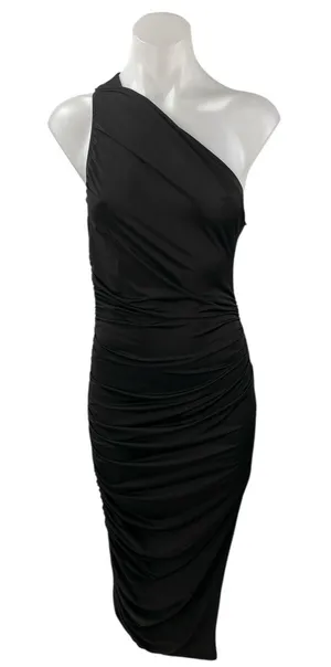 NEW Sincerely Jules Black Sleeveless One Shoulder Ruched Midi Bodycon Dress Sz M thumbnail 1