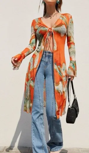 Orange Tie-Front Cardigan with Blue Jeans thumbnail 1