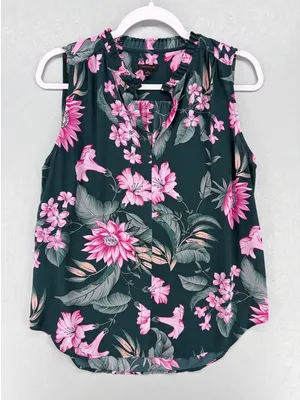 Ann Taylor Blouse Womens Medium Green‎ Pink Floral Ruffle Neck Sleeveless Shell thumbnail 1