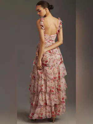 Mac Duggal 55816 Womens Pink Ruffled Sleeveless Draped Tiered Floral Print Gown thumbnail 2