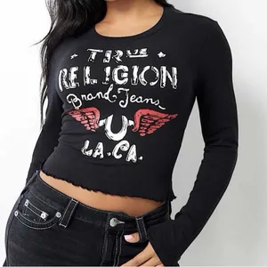 TRUE RELIGION Distressed Wing Baby T-shirt Black Long Sleeve Cropped Top thumbnail 1