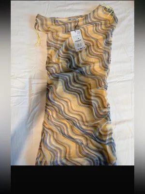 Zara One-Shoulder Mini Dress in Cream and Blue Wave Pattern thumbnail 2
