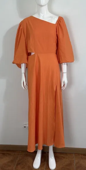 Showpo Rhyne Midi Dress Orange Asymmetric Puff Sleeve Side Cut Out A Line 12 NWT thumbnail 1
