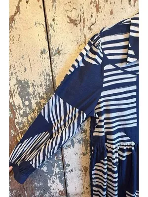 ZARA Blue & White Striped maxi Tiered Button-Up shirt Dress large thumbnail 3