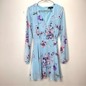 Lulus Always Yours Light Blue Floral Print Long Sleeve‎ Skater Dress SMALL thumbnail 5