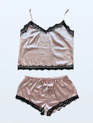 Lace Trim Satin Sleepwear Set in Pink and Black - Size Small thumbnail 1
