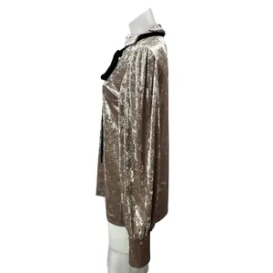 Leha Women Beige Velvet Velour Long Sleeve Tie Bow Mock Neck Blouse Top Size M thumbnail 2