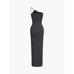 Commense Minimalist Bodycon Off Shoulder Black Rose Decor Ruched Maxi Dress S thumbnail 7