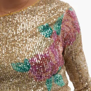 Free People Gold Rush Floral Sequin Top, Champagne/Pink,‎ Medium, NWOT thumbnail 5