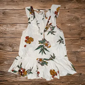Free People Floral Linen Tunic Summer In Tulum Top XS Boho Ruffle Ivory thumbnail 3