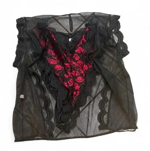 Vintage Black Red Rose Lace Teddy & Sheer Robe Lingerie Set Large thumbnail 1
