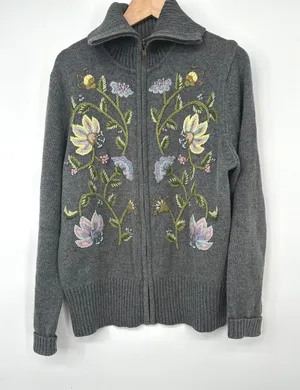 Vtg Tiara International Cardigan Women S Gray Floral Embroidered Grandma Cottage thumbnail 1