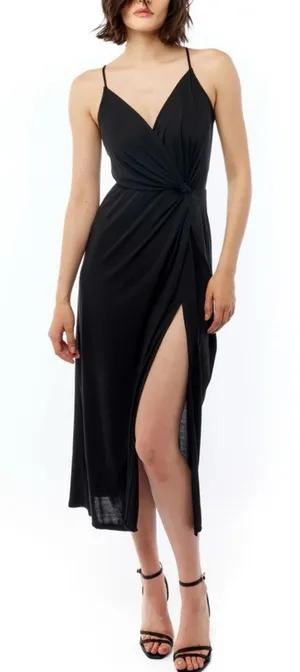 LBLC The Label Revolve Kelcie Midi Gathered Twist Front‎ Dress Slit Black NWT S thumbnail 1