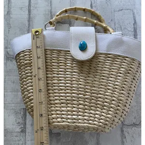 Unbranded Turquoise Straw Bamboo Handle Bag Lightweight Mini Snap Closure Yellow thumbnail 7