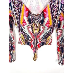 Free People Womens Paisley Lace Up Long Sleeve Bodysuit Multi Color‎ XS thumbnail 3