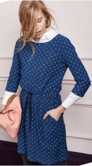 Boden Peggy Drawstring Waist Blue White Polka Dot Knee Length Dress Preppy thumbnail 1