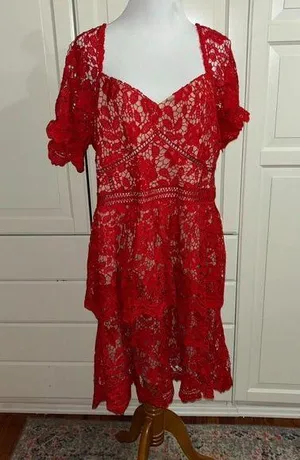 Boo-hoo plus premium lace tiered skater dress in red thumbnail 1