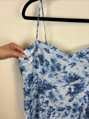 Abercrombie & Fitch Camille Satin Midi Dress Women’s Size XL Blue Floral Slit thumbnail 5