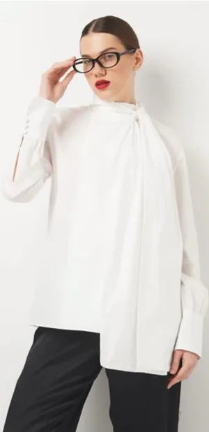Zara White Poplin Tie Neck Oversized Blouse Size Small 8775/545 Chic Preppy thumbnail 1