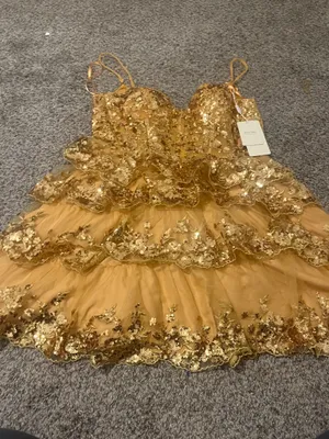 Stacees Shine in this elegant gold lace dress, perfect for any special occasion. The intricate lace detailing adds a touch of sophistication. thumbnail 2