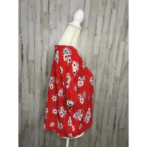 Madewell Women's Large Floral‎ Cropped Blouse Red V-Neck Short Sleeve thumbnail 2