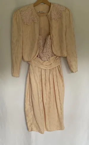 Rina Di Montella silk vtg sz 6 pastel‎ cream prom dress padded shoulder jacket thumbnail 1