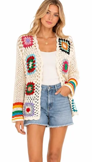 Granny Square Boho Crochet Cardigan Cream Patchwork Size L Size L thumbnail 1