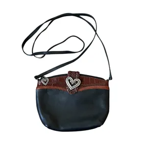 Brighton Vintage Crossbody Bag Black Leather Brown Croc Embossed Heart Accent thumbnail 2