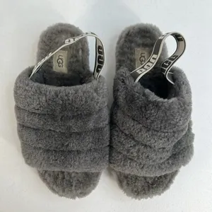 Ugg Sz 7 Oh Yeah Fluffy Double Strap Flat Slippers‎ Slides Sandals in Grey thumbnail 6