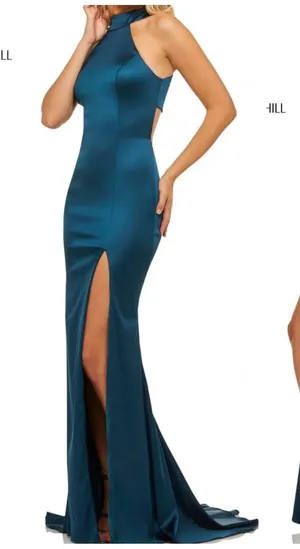 Sherri Hill Formal Gown Size 00 Teal Satin Open Back High Slit Prom Dress Party thumbnail 1