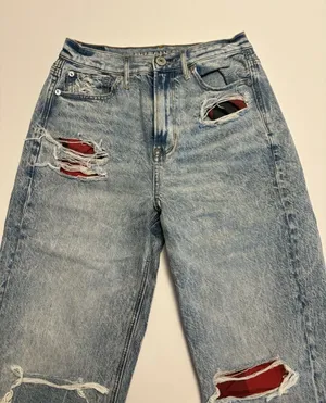 American Eagle Outfitters Distressed Light Wash Jeans Plaid Patch Detail Size 4 thumbnail 1