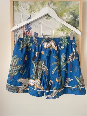 Block Print India Jungle Safari Blue Printed Pull-On Pajama Lounge Shorts S/M thumbnail 3