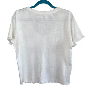 Pimkie Collection White Pointelle Henley Top Women's M Short Sleeve Button Front thumbnail 2